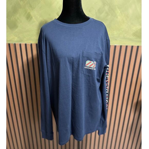 Vineyard Vines Christmas Long Sleeve Tee Shirt Crewneck Navy Blue Size Medium - Picture 1 of 10